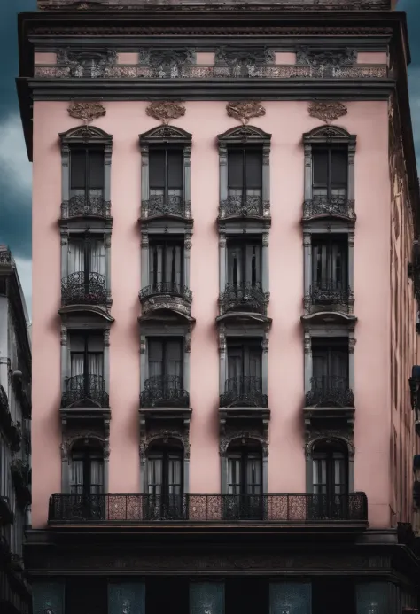 Background color: dark palette, Mainly gray and black tones, With a blue undertone，Highlight the mysterious atmosphere.

central image: Illustration or photo of the Barbie building, Buenos Aires , Argentina. It should be a bottom-up view, Capture its majes...