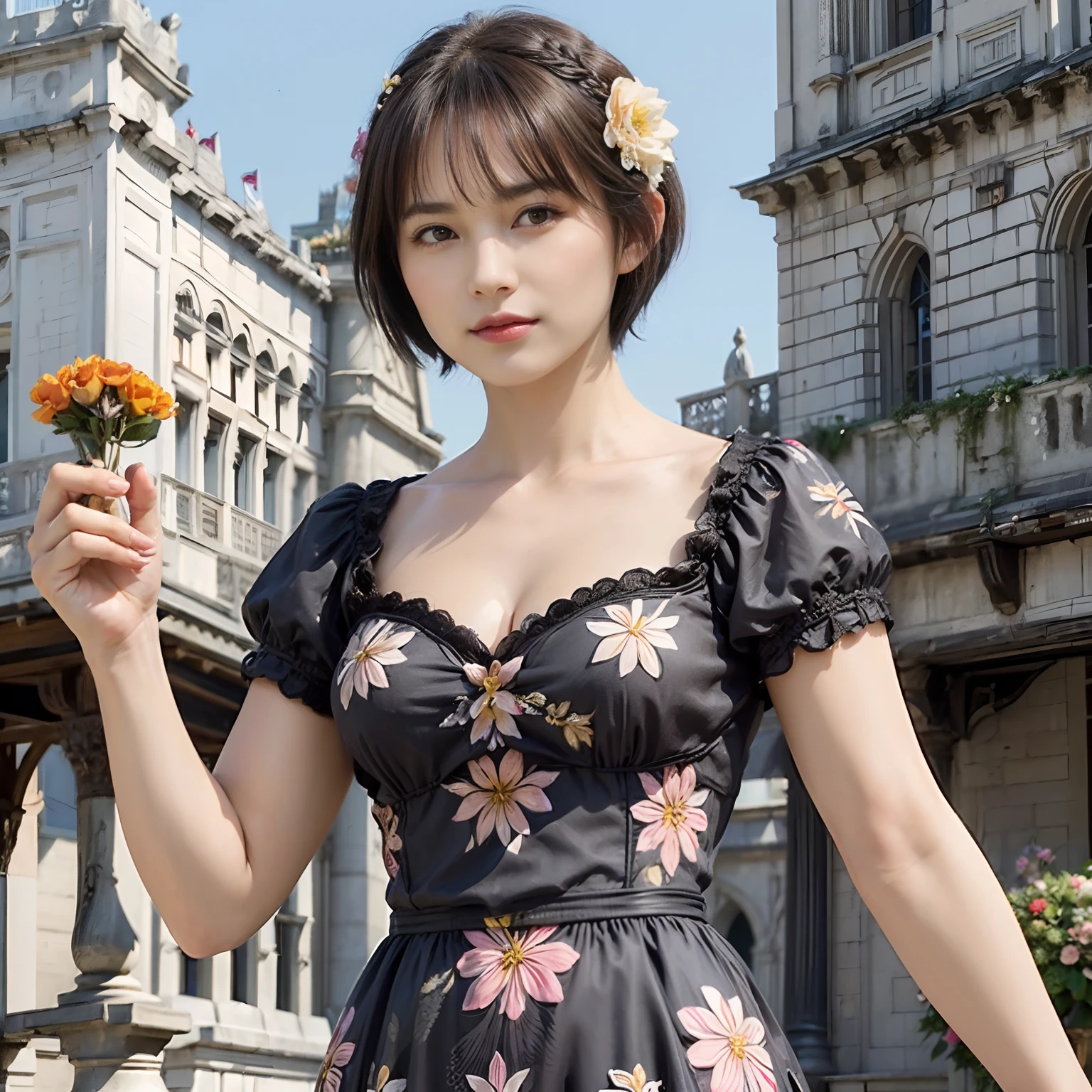 80
(20-year-old princess,is standing), (A hyper-realistic), (masutepiece), ((short-hair:1.46)), (Smooth black hair), (Breast:1.0), (kindly smile:0.9), (Floral Dresses:1.46), (Majestic Palace:1.46), Orange Lipstick