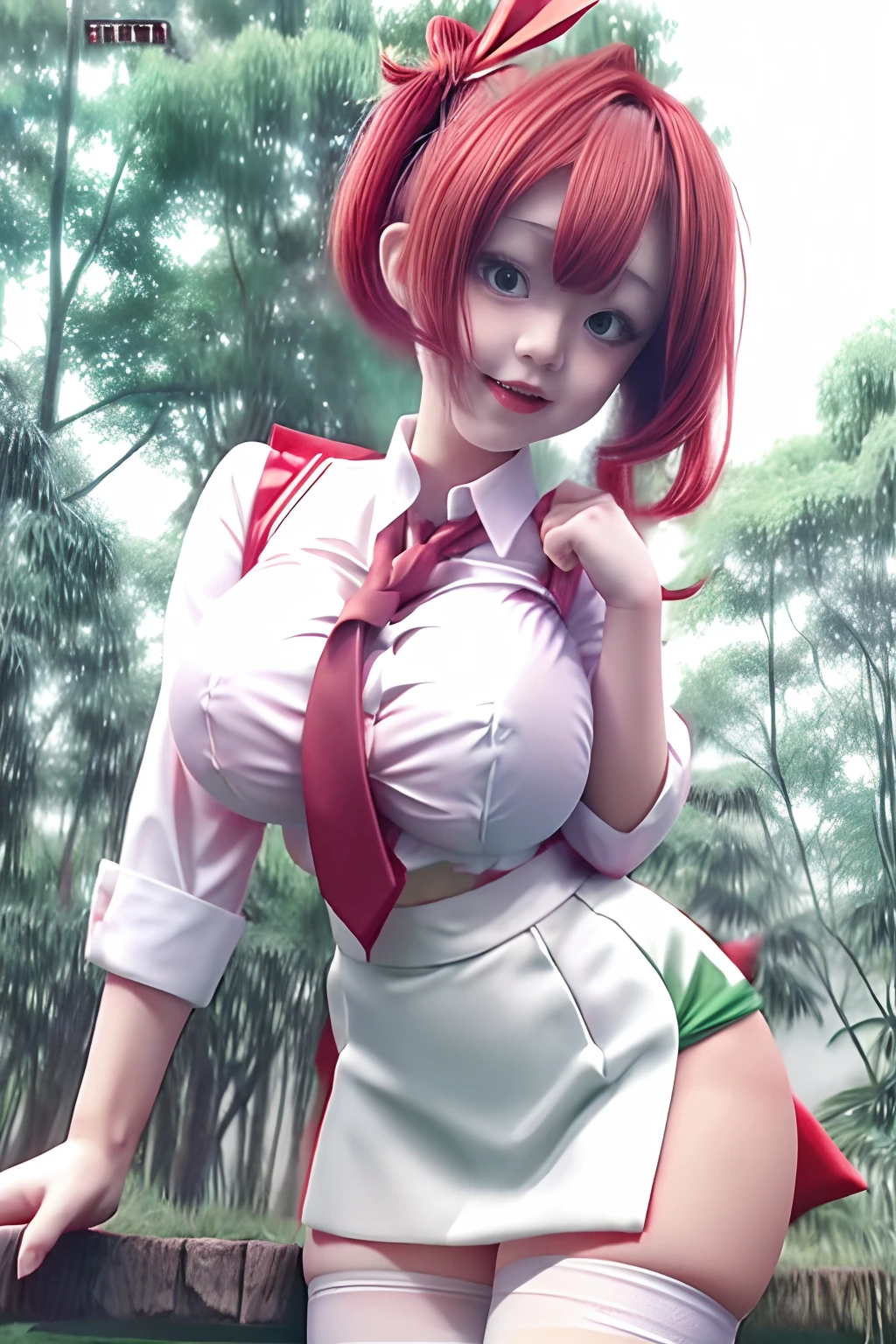 masutepiece, bimbo in the forest, white shirt, green skirt ,Red tie, Red Hair Ribbon, White stockings, 8K, Green hair, giga_busty, mix4