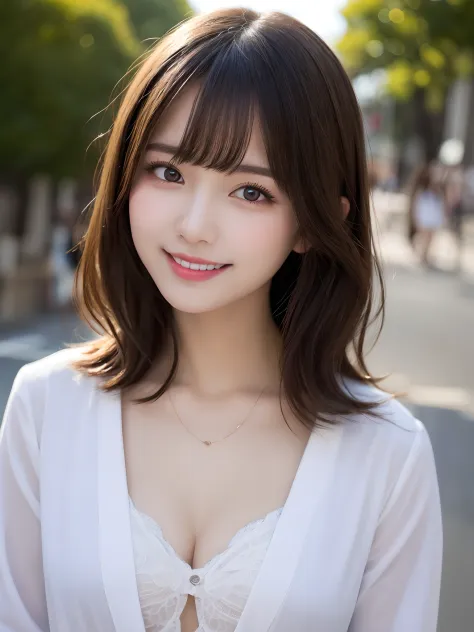 masutepiece、Best Quality、Illustration、 ultra-detailliert、hight resolution、8K Wallpapers、Beautiful detailed eyes、Medium Hair、Natural Color Lip、Smile、Harajuku、20 years girl、Cute、Sexy shot looking at camera、white  clothes、No chest、Nurse、swim wears