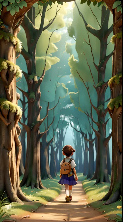 A girl walking in a magical forest
