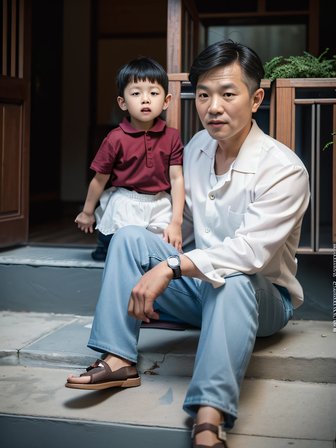 (beste Qualität,4k,8k,highres,Meisterwerk:1.2), super realistisches Foto, Bild eines vietnamesischen Vaters und Sohns, Vater 30 Jahre alt, Sohn 2 Jahre alt, Vater sitzt 1985 auf den Stufen eines vietnamesischen Hauses, Sohn steht neben Vater, Papa trägt Westernschuhe, Foto aufgenommen 1985 mit Kodak