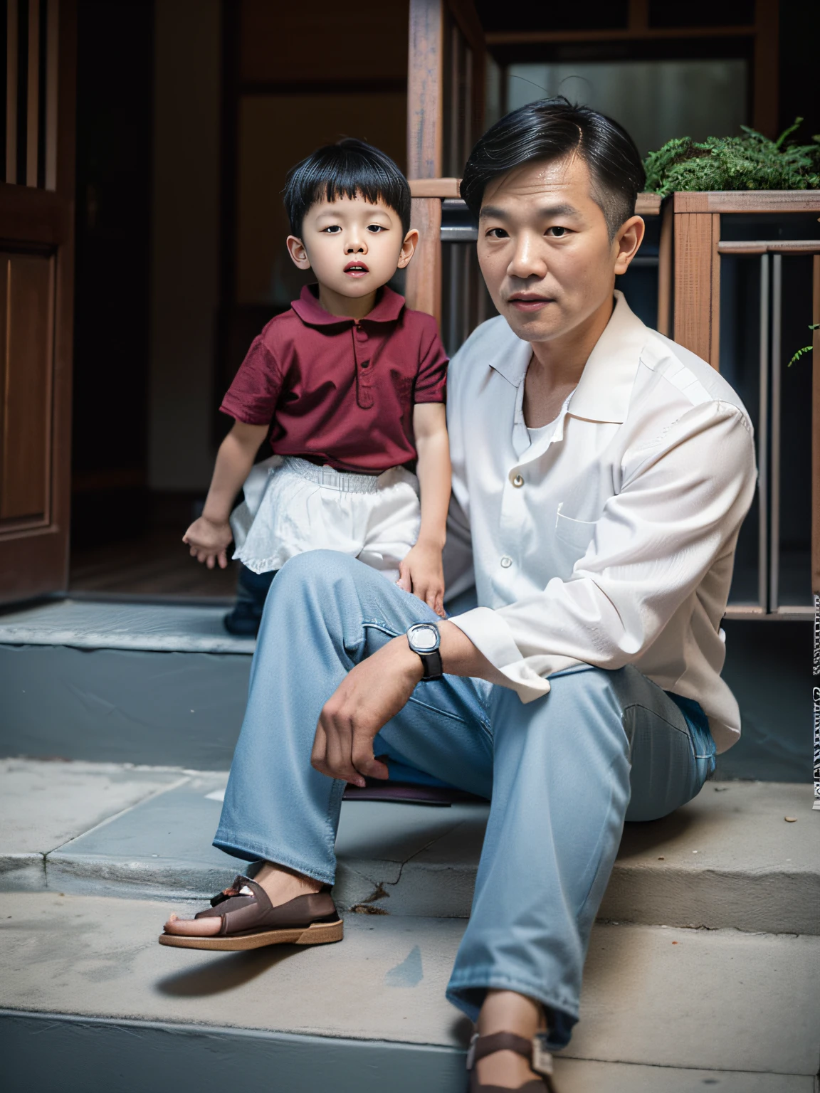 (mejor calidad,4k,8K,alta resolución,obra maestra:1.2), foto súper realista, image of a Vietnamese father and hijo, padre de 30 años, hijo , padre sentado en los escalones de una casa vietnamita en 1985, hijo standing next to father, Papá usa zapatos occidentales, foto tomada en 1985 con Kodak