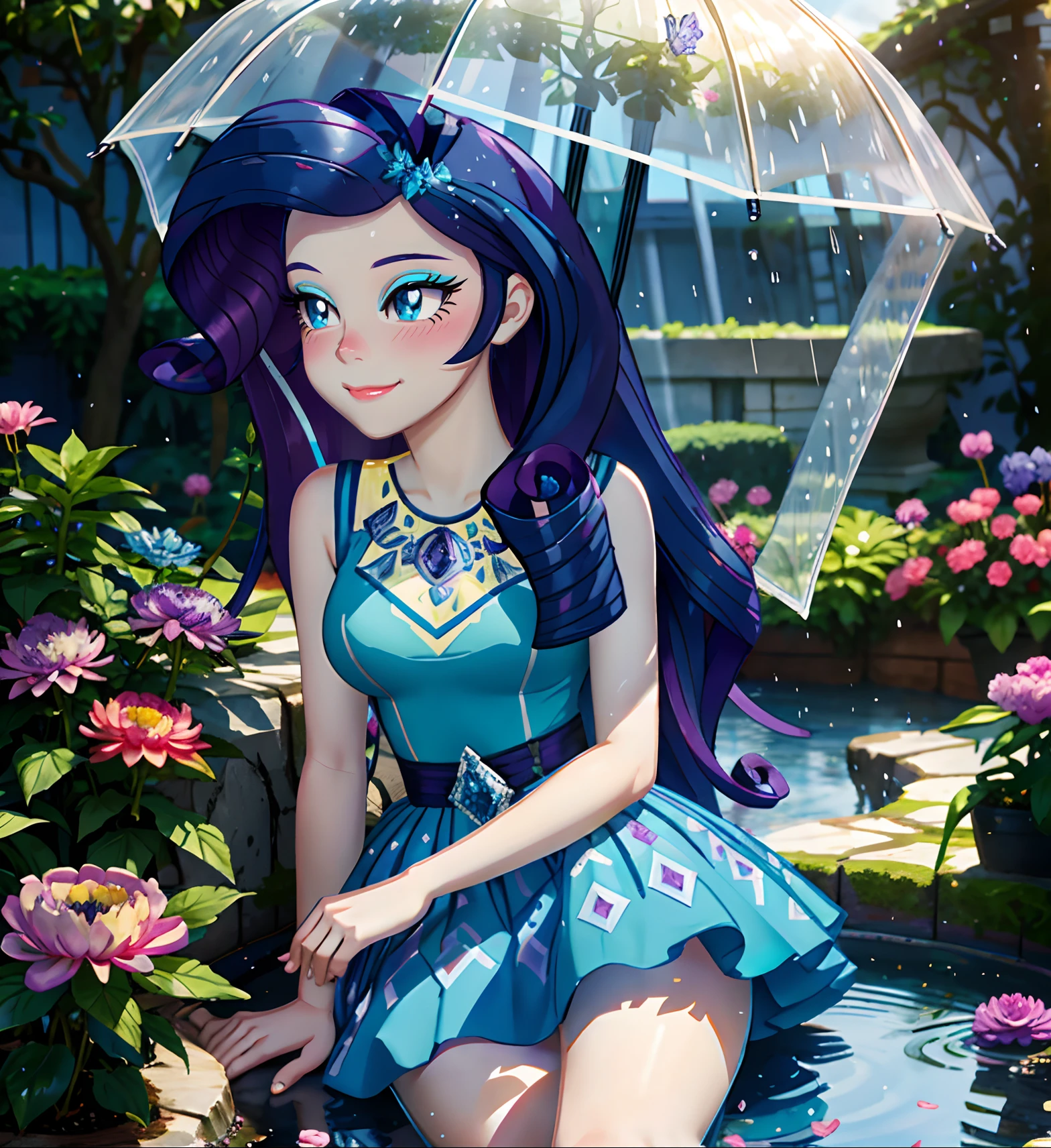 rarity, rarity from equestria girls, rarity in the form of a girl, lush breast, purple long curly hair, soft smile, flowers, butterflies, (top quality, masterpiece, ultra-realistic), rainy day, raining, wet ground, puddle, indoor botanical garden, dome, lots of flowers, dense mass plants, the background landscape is a garden with petals, Dahlia peony flowers everywhere, blue eyes, blue eyeshadow, purple and blue dress, diamond hair clip, detailed lighting, sunlight, yellow pure light, sitting, heavenly plants, hanging planters, bright rays