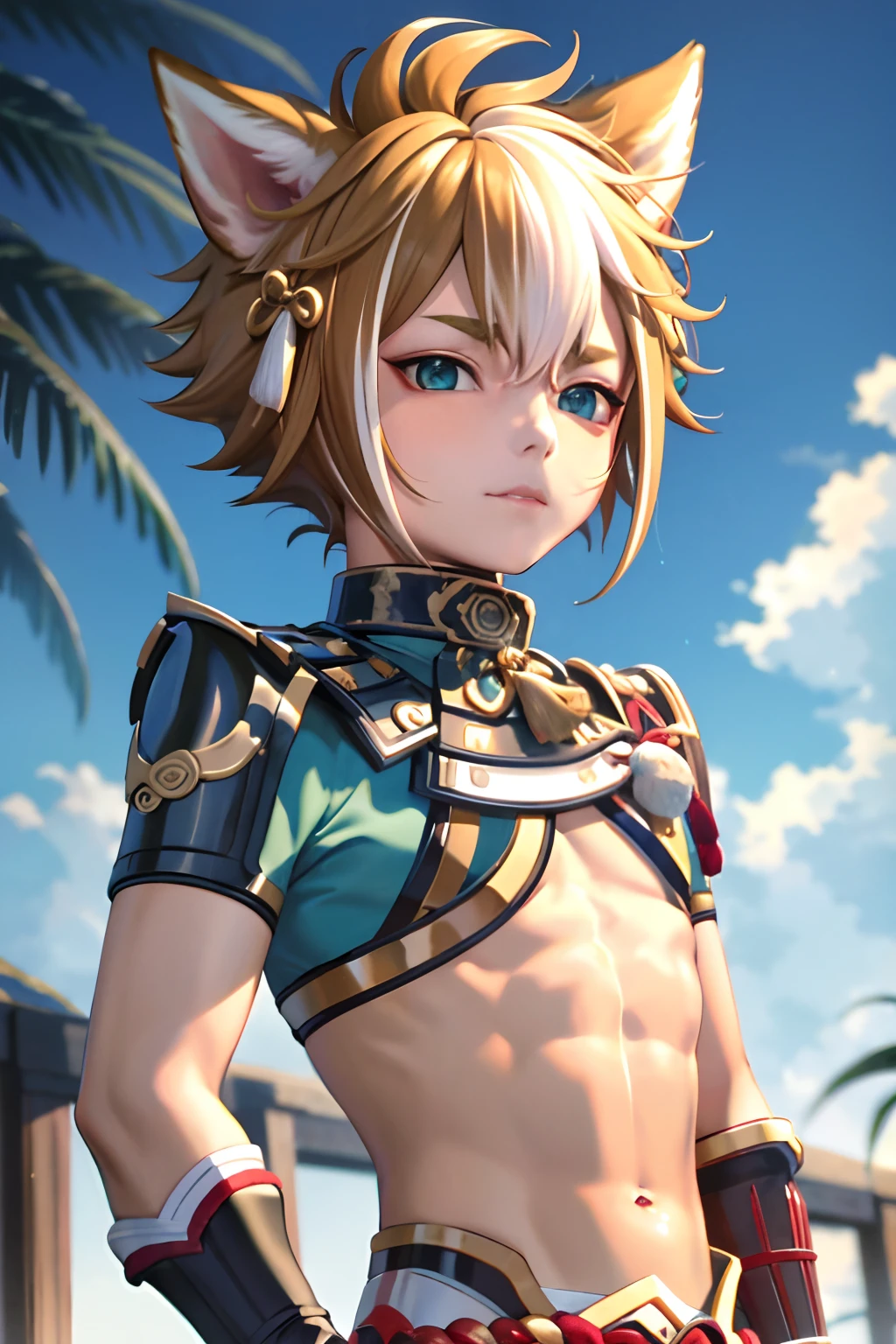 gorou (genshin impact),little boy, 1boy, male focus, animal ears, solo, multicolored hair, brown hair, dog boy, white hair, tassel, dog ears, armor, upper body, streaked hair, bangs,NSFW,small