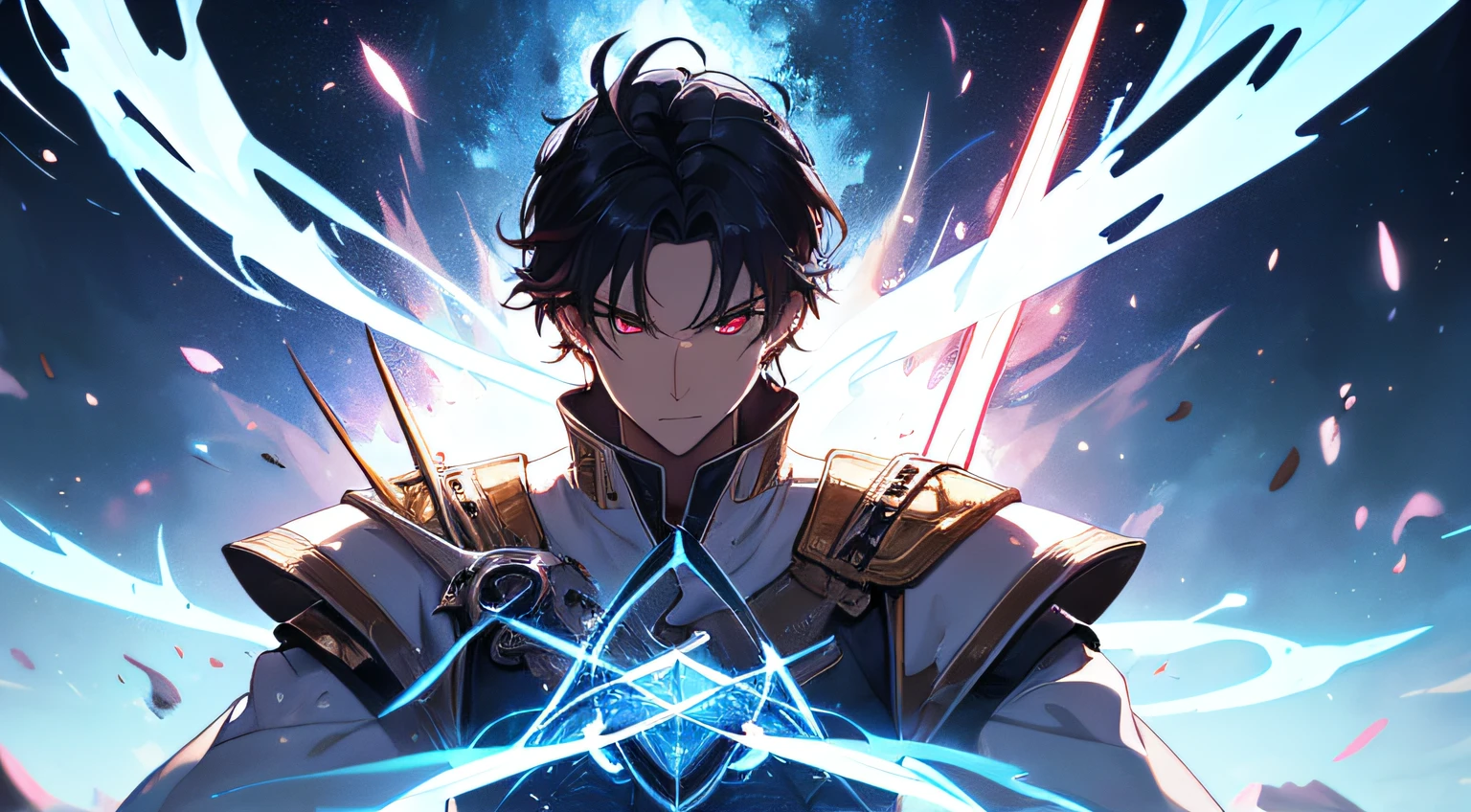 (absurdres, highres, ultra detailed), masterpiece, best quality, a man in a white outfit wielding a duel-swords, with large sword, a swords surrounded by blue flame, official character art, very short hair, black hair, vibrant red eye, finely eye, detailed face, detailed hair, ruined city, dark background, full body view, spark, vortex, swirl, celestial, from below, look down, cowboy shot,