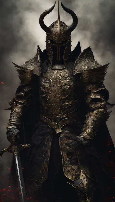 warrior, concept-art,  Fantasy art, battleground background, clean render, a horned, Wear a suit of armor, Detailed bushido form smoke, helmet of a forgotten deity, character is standing, 8k Realistic, in game render, detailed face background detail, Art s...