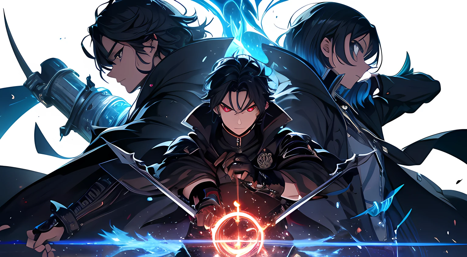 (absurdres, highres, ultra detailed), masterpiece, best quality, a man in a black outfit wielding a duel-swords, with large sword, a swords surrounded by blue flame, official character art, very short hair, black hair, vibrant red eye, finely eye, detailed face, detailed hair, ruined city, dark background, full body view, spark, vortex, swirl, celestial, from below, look down, cowboy shot,