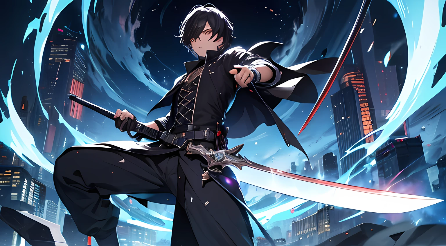 (absurdres, highres, ultra detailed), masterpiece, best quality, a man in a black outfit wielding a duel-swords, with large sword, a swords surrounded by blue flame, official character art, very short hair, black hair, vibrant red eye, finely eye, detailed face, detailed hair, ruined city, dark background, full body view, spark, vortex, swirl, celestial, from below, look down, cowboy shot,