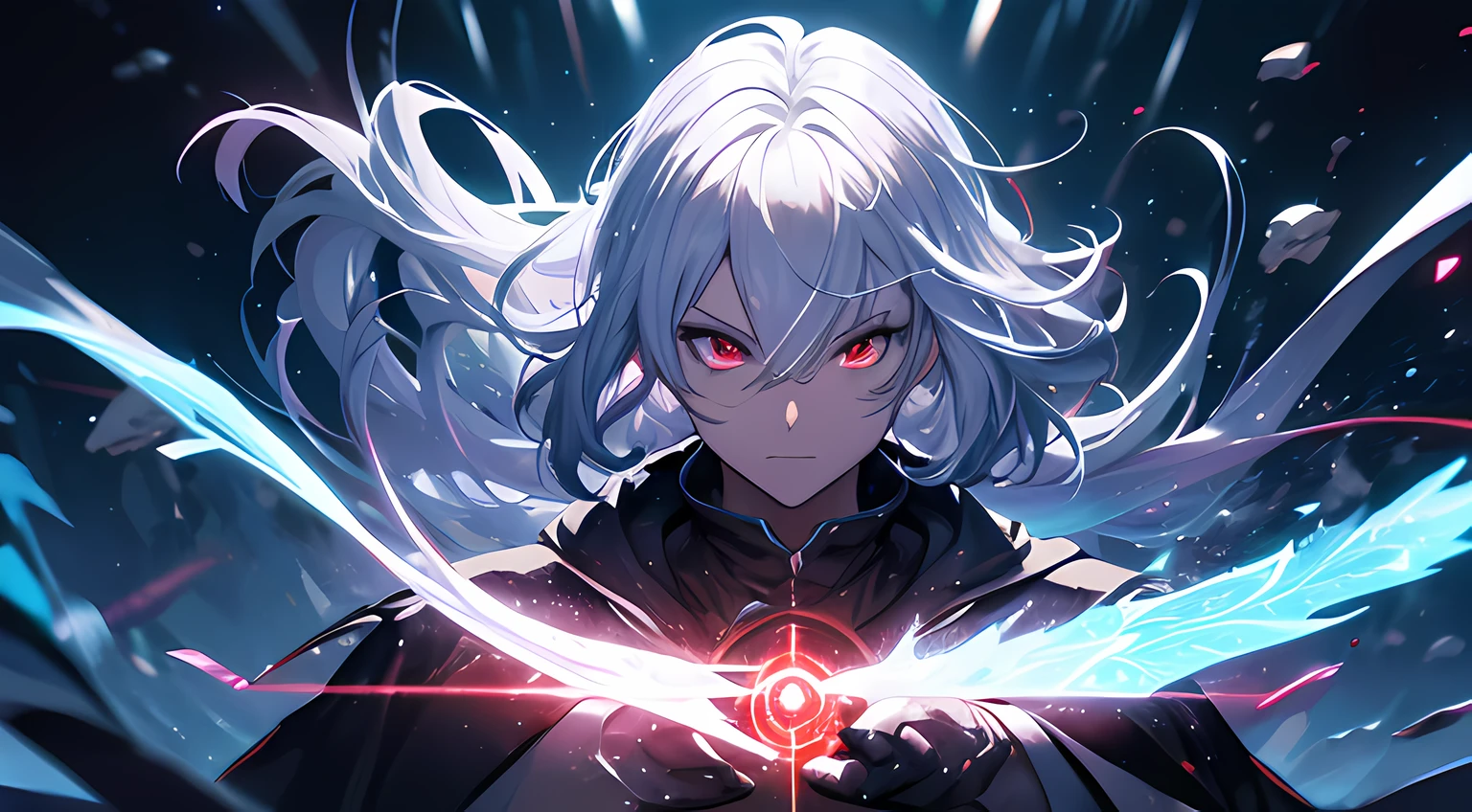 a painting that represents the essence of magic in your world, showing the white-haired, red-eyed protagonist with a mystical black mark on his neck immersed in a cascade of magical energy, with glowing particles dancing around him and arcane symbols forming in the air, masterpiece, best quality, ultra-detailed, illustration, 8k resolution concept art, fantasy art, epic art, concept art wallpaper 4k, deep color, natural lighting