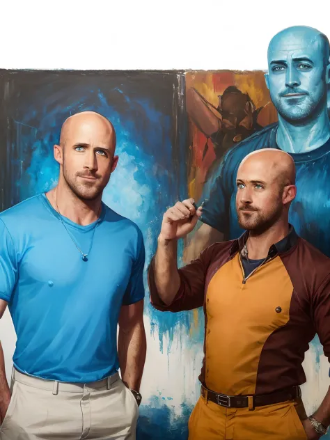 a bald man wearing a blue shirt, standing next to Freddy Fazbear, realistic portrait, detailed facial features, vibrant colors, professional artwork, medium: oil painting, ultra-detailed, studio lighting, vivid colors ,ryan gosling