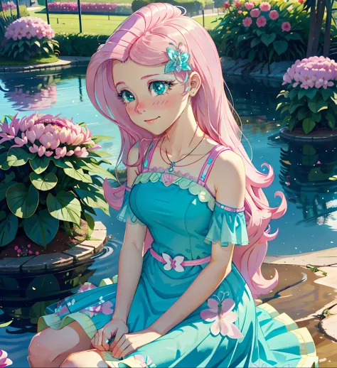 fluttershy, fluttershy from equestria girls, fluttershy in the form of a girl, lush breast, pink long wavy hair, soft smile, flo...