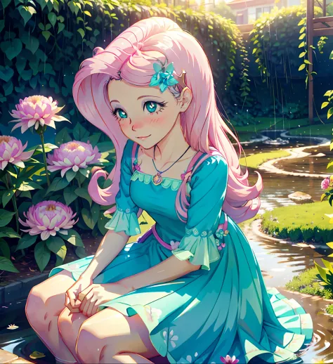 fluttershy, fluttershy from equestria girls, fluttershy in the form of a girl, lush breast, pink long wavy hair, soft smile, flo...