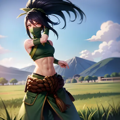 sky, field, grass, akali, looking at viewer, league of legends, highres, 1girl, abs, arm tattoo, bangs, blouse, breasts, green s...