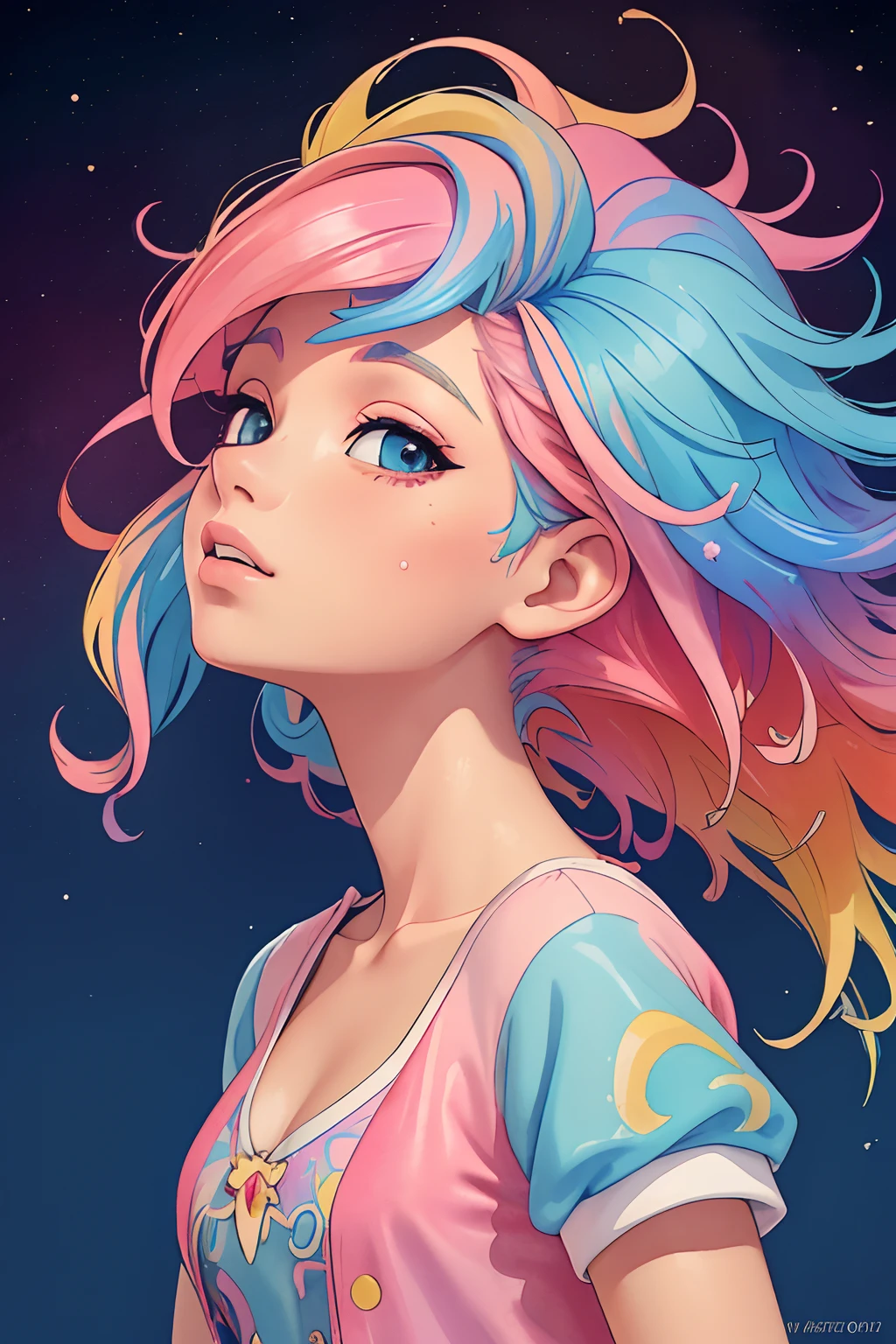 (masterpiece, top quality, best quality,watercolor (medium),official art, beautiful and aesthetic:1.2),(1girl:1.3), (fractal art:1.3),upper body, from side, looking at viewer,patterns,(rainbow color Hair,colorful hair,half blue and half pink hair:1.2),water,liquid, cloud,colorful, starry,stars,