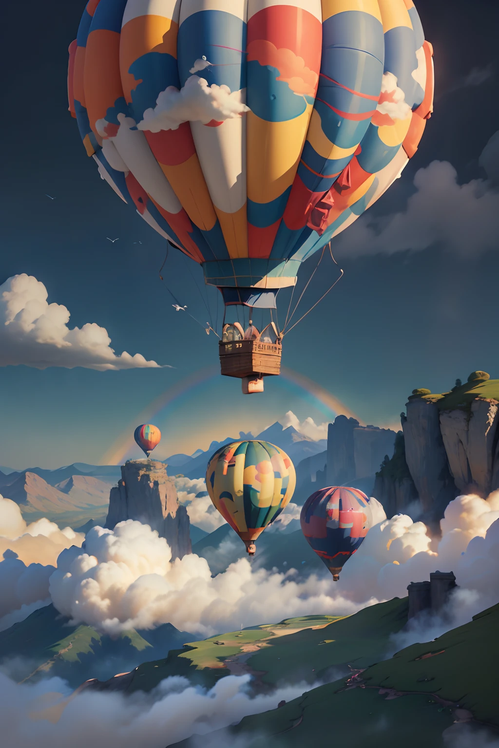Elementos de detalhe：Balões de ar quente coloridos、Nuvens vibrantes no distante、pássaros voando alto、prados banhados pelo sol、Esplêndido arco-íris