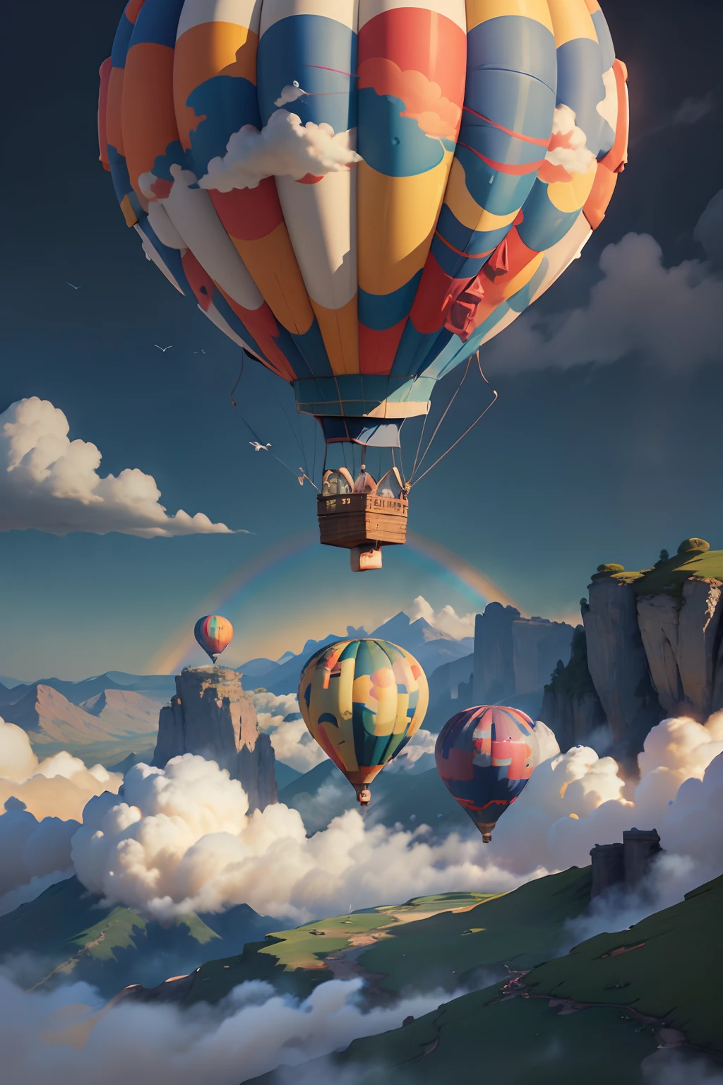 Detail elements：Colorful hot air balloons、Fluttering clouds、mountains in the distant、Soaring birds、Sun-drenched meadows、Splendid rainbow