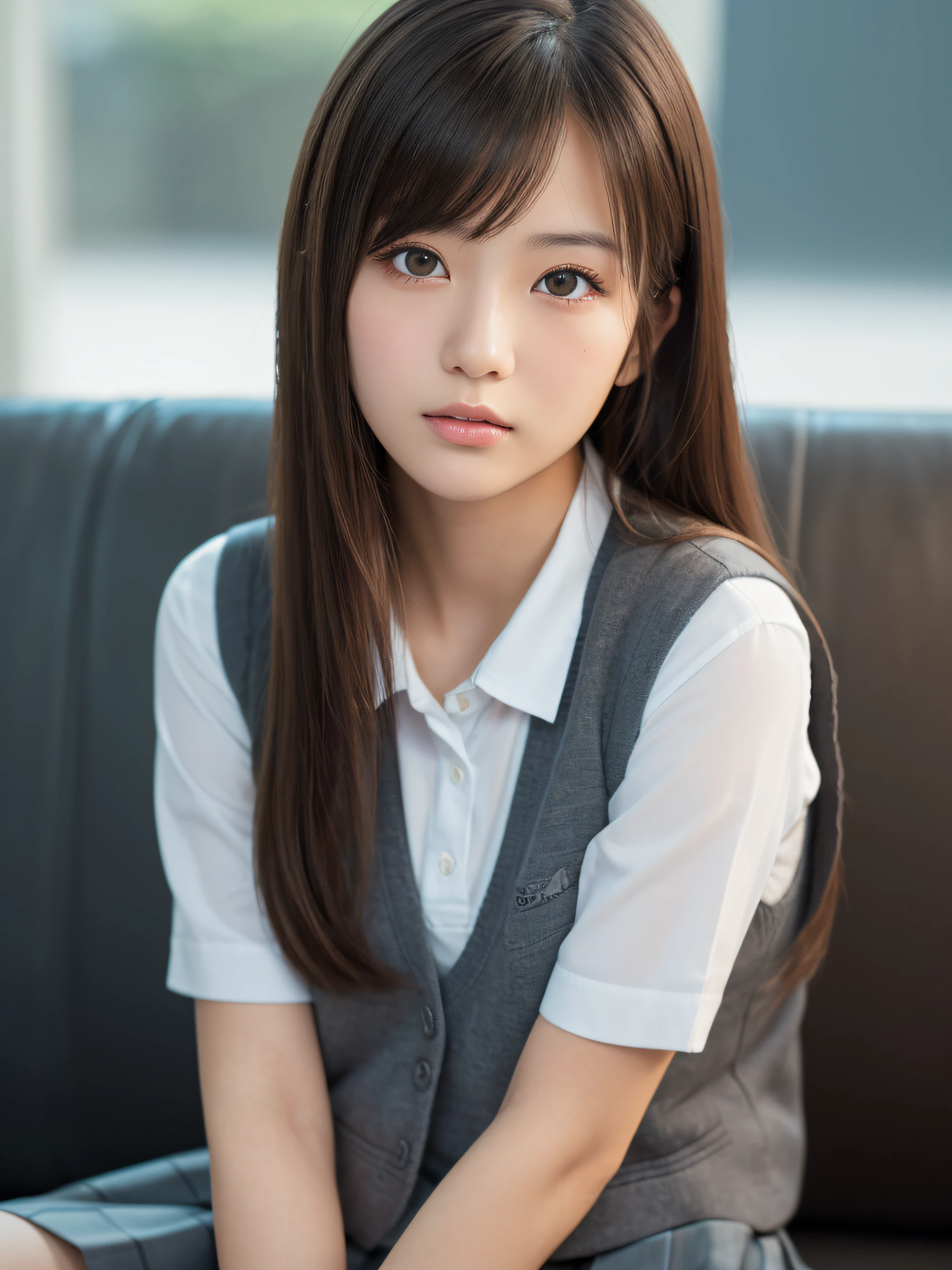 best quality, face focus, soft light, ultra high res, (photorealistic:1.4), RAW photo,
1japanese girl, solo, cute, (pupil, lights in the eyes),  detailed beautiful face, (),(high resolution detail of human skin texture),
(long hair),
sit couch,
school uniform, charcoal vest, skirt,
(upper thigh)