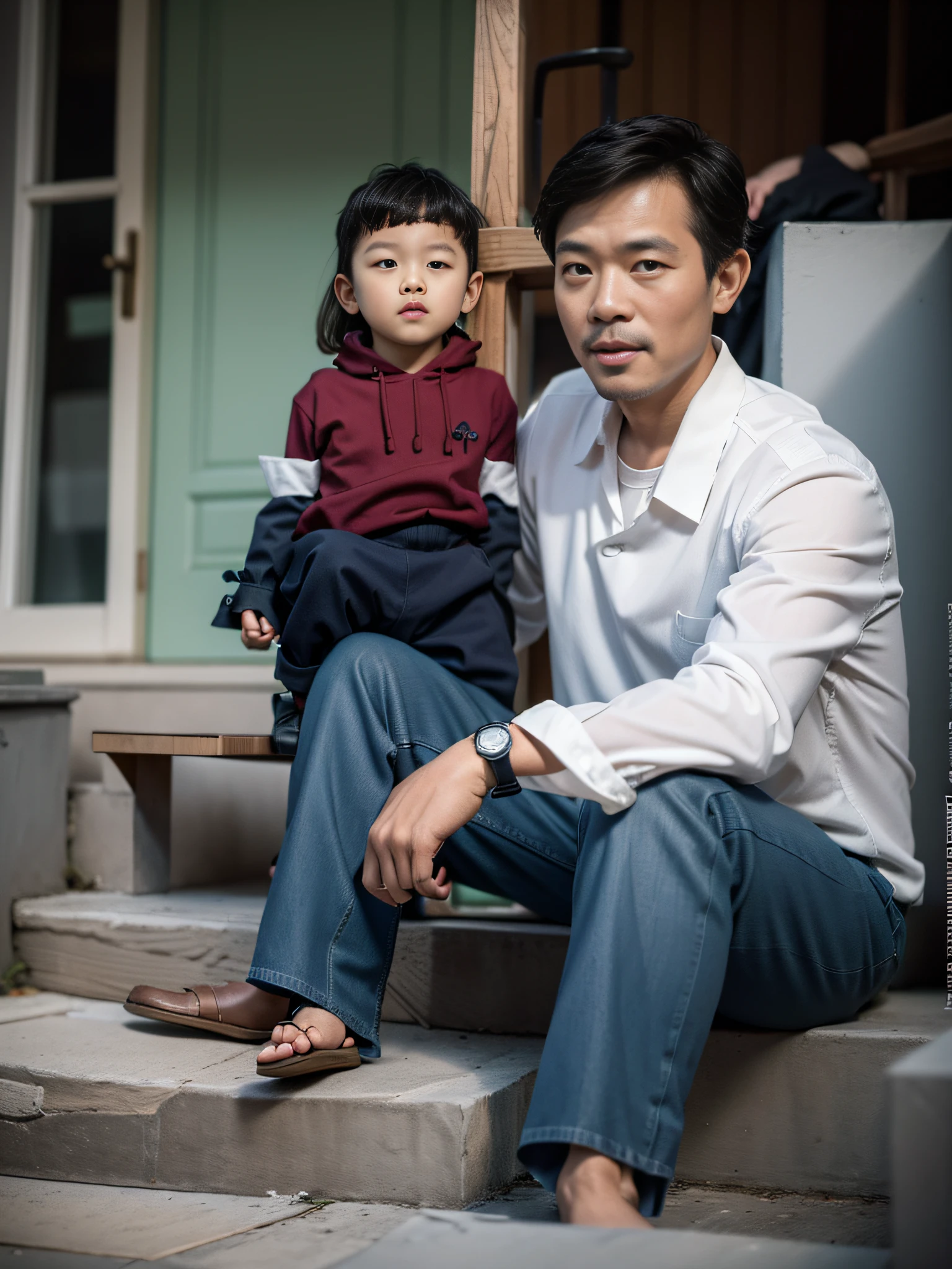 (최고의 품질,4K,8K,고등어,걸작:1.2), 초현실적인 사진, image of a Vietnamese father and 아들, 아버지 30세, 아들 , 1985년 베트남 집 계단에 앉아 있는 아버지, 아들 standing next to father, 아빠는 서양화를 신는다, 하얀 셔츠, 그리고 희미한 콧수염이 있다, 1985년 코닥으로 찍은 사진