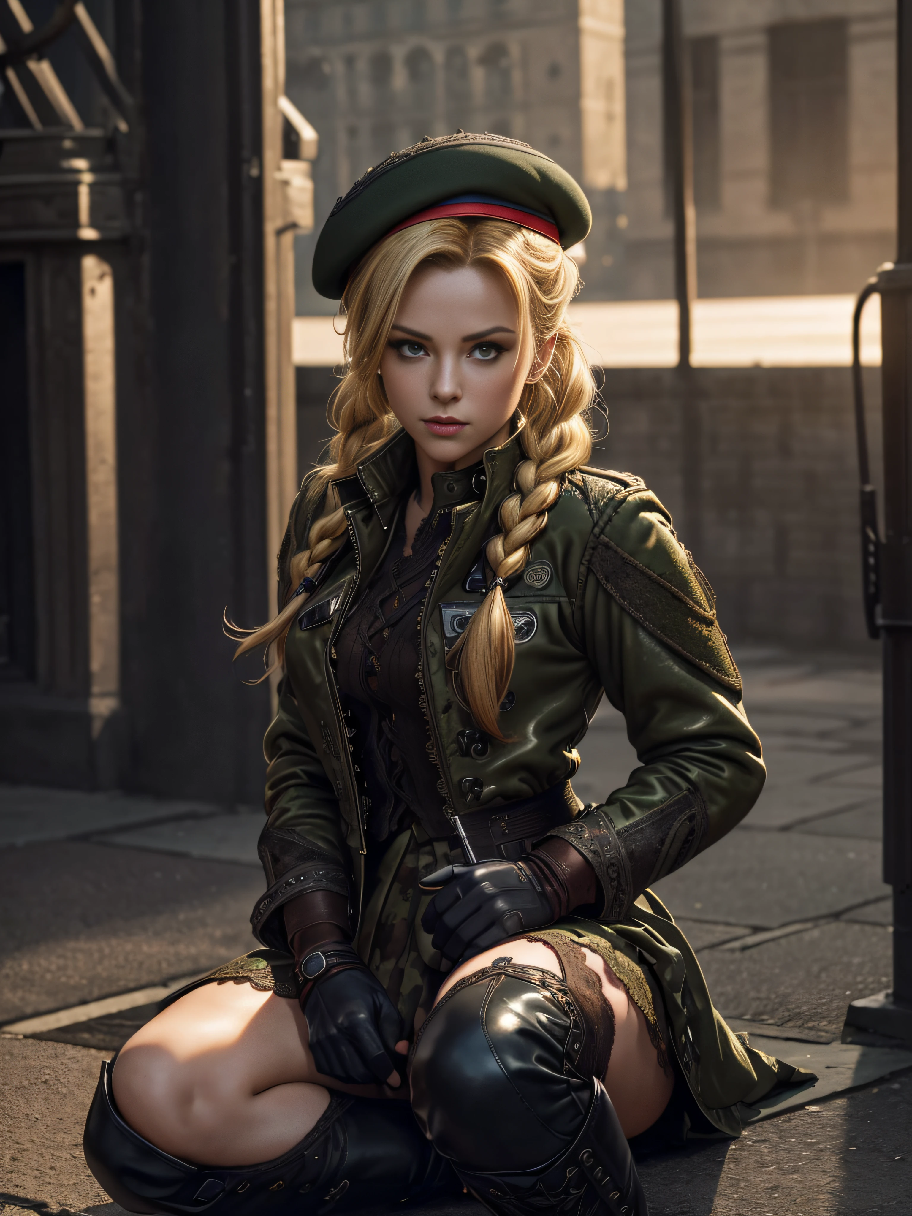 "(exquisitely detailed CG unity 8k wallpaper, masterpiece-quality with stunning realism), (best illumination, best shadow), (best quality), (elegant style:1.2), Arti modern anime. angled view, heroic pose, closeup full body portrait of stunningly beautiful cammy from street fighter, Masterpiece, best quality, highres, mature Cammy white, twin braids, long hair, blonde hair, antenna hair, beret, (red headwear:1), blue eyes, scar on cheek, green military leotard, green military skirt, red gloves, fingerless gloves, camouflage, (fully clothed:1), abs, depth of field blur effect, night, full zoom, action portrait, photorealistic. cinematic lighting, highly detailed. best quality, 4k, Better hand, perfect anatomy, leaning forward, foreshortening effects, coy flirty sexy expression, foreshortening effect, (piercing eyes:0.8), surrounded by an ominous and dark atmosphere, accentuated by dramatic and striking lighting, imbued with a sense of surreal fantasy". (wearing laced military boots:1.5), (resting in london city MI6 in the morning:1.3) (wearing a British Military jacket:1.5) (mature:0.5)