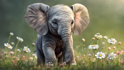 there is a small elephant cub sitting on the grassland and flowers, cute animal, highly detailed,ultra realistic, cub, cuteness