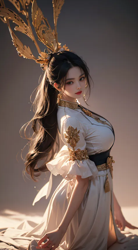 1 beautiful girl in Han costume, White thin purple silk shirt，Full of texture, white lace top, Long purple platinum ponytail hai...