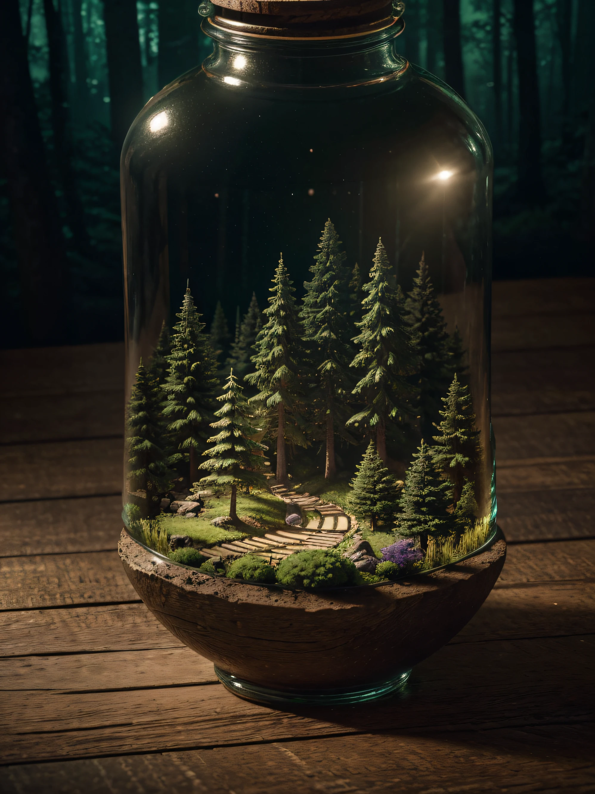 (Un paysage de mini-ville forestière complexe enfermé dans une bouteille), éclairage d&#39;ambiance olive, Sur la table, 4K UHD, vibrations sombres, hyper détaillé, fond de forêt de couleurs vibrantes, composition épique, rendu d&#39;octane, netteté, isométrique haute résolution