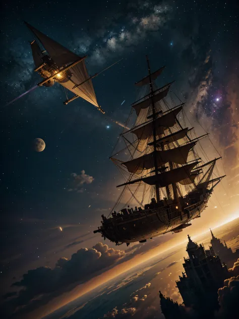 steampunk [spaceship|spaceship|sailingship] floating in space