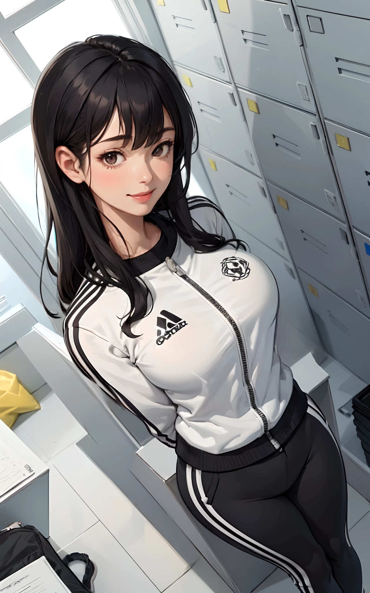 1lady solo, standing, mature female, /(stylish tracksuit long sleeve/) /(sports spats/), /(black hair/) bangs, blush kind smile, (masterpiece best quality:1.2) delicate illustration ultra-detailed, large breasts, /(arms behind back) BREAK /(locker room indoors/)