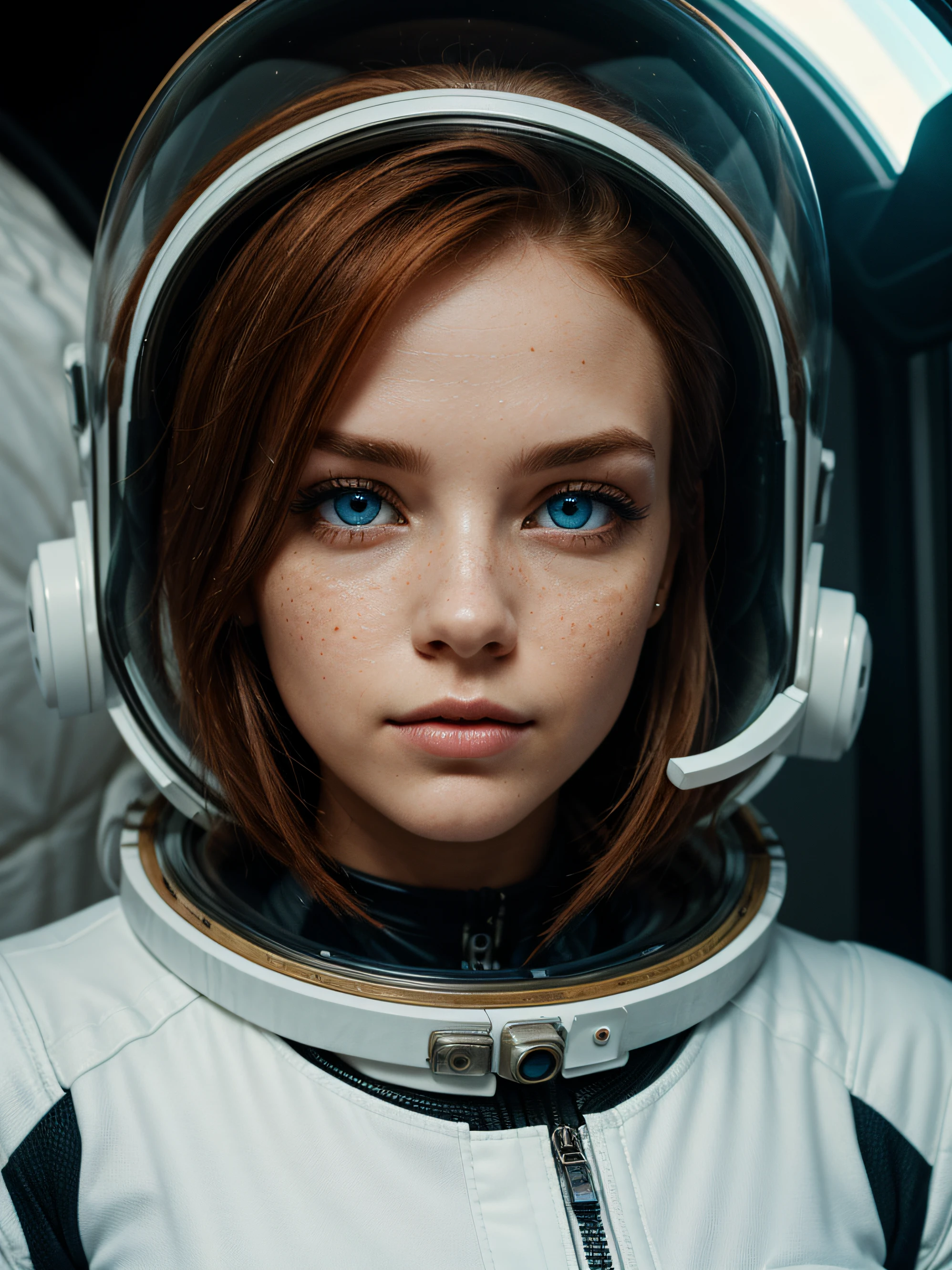 photo d&#39;une femme rousse, Dans l&#39;espace, combinaison spatiale futuriste, (taches de rousseur:0.8) visage mignon, science-fiction, dystopique, yeux détaillés, yeux bleus