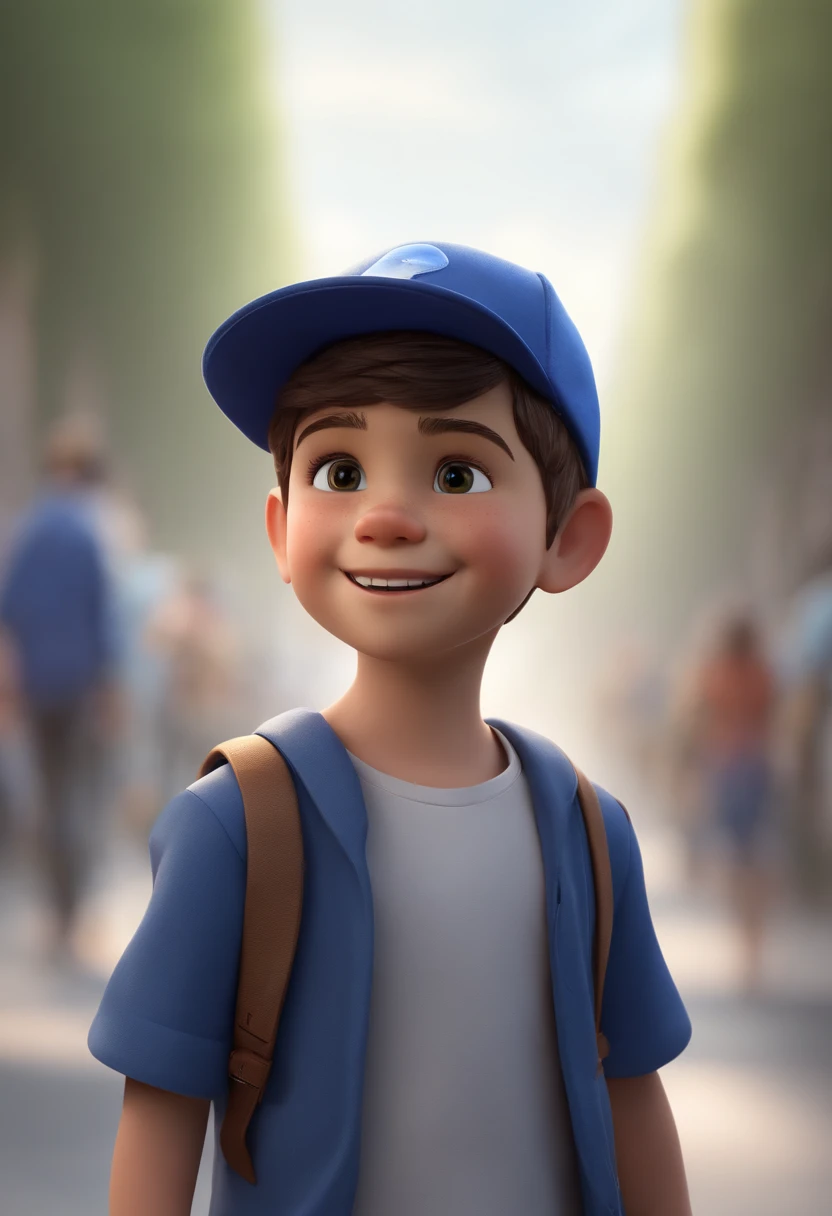 A happy cute boy standing short hair with dark blue cap , vestindo uma camisa azul , , fundo branco, barnet, Tom, Estilo Pixar, ......3d, desenhos animados, rosto detalhado, asymmetrical 16k