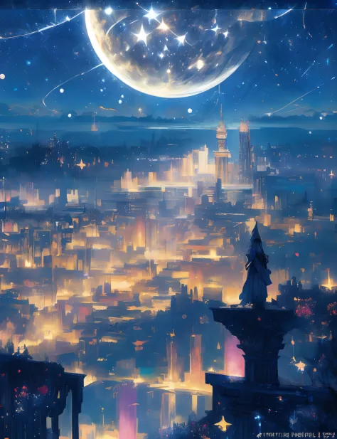 Colorful Metropolitan Museum of Art、River painting with stars and moon in rainbow sky、the met、Shining skyscrapers、Shine across the board、Skyscrapers、Concept art inspired by Mitsuoki Tosa、pixiv contest winners、top-quality、Fantasyart、beautiful anime scene、Br...