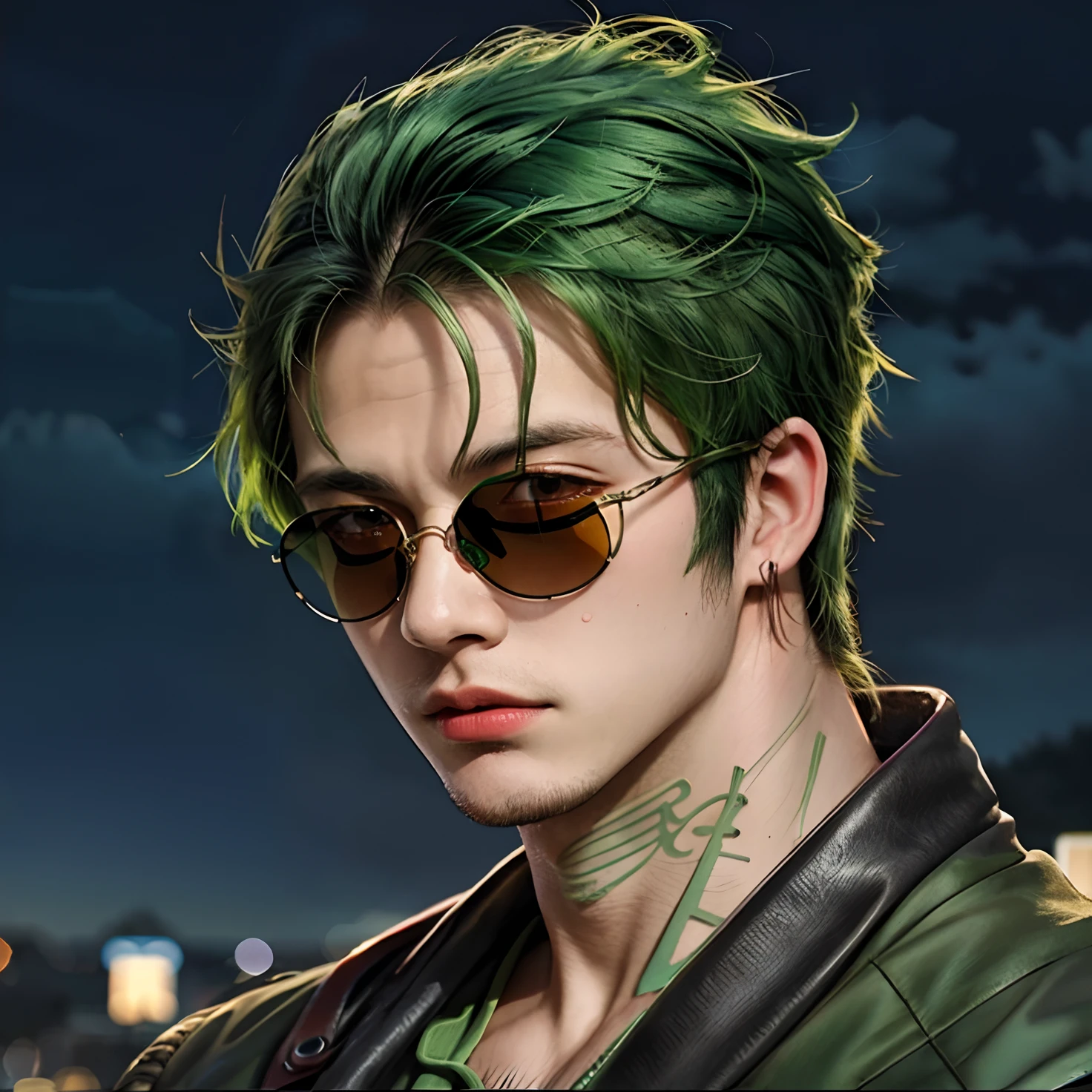 a close up of a person with green hair and sunglasses, roronoa zoro, from one piece, realistic, ultra details Best quality, masterpiece, ultra high res, (photorealistic:1.4), raw photo, young handsome male, (night background:1.2)