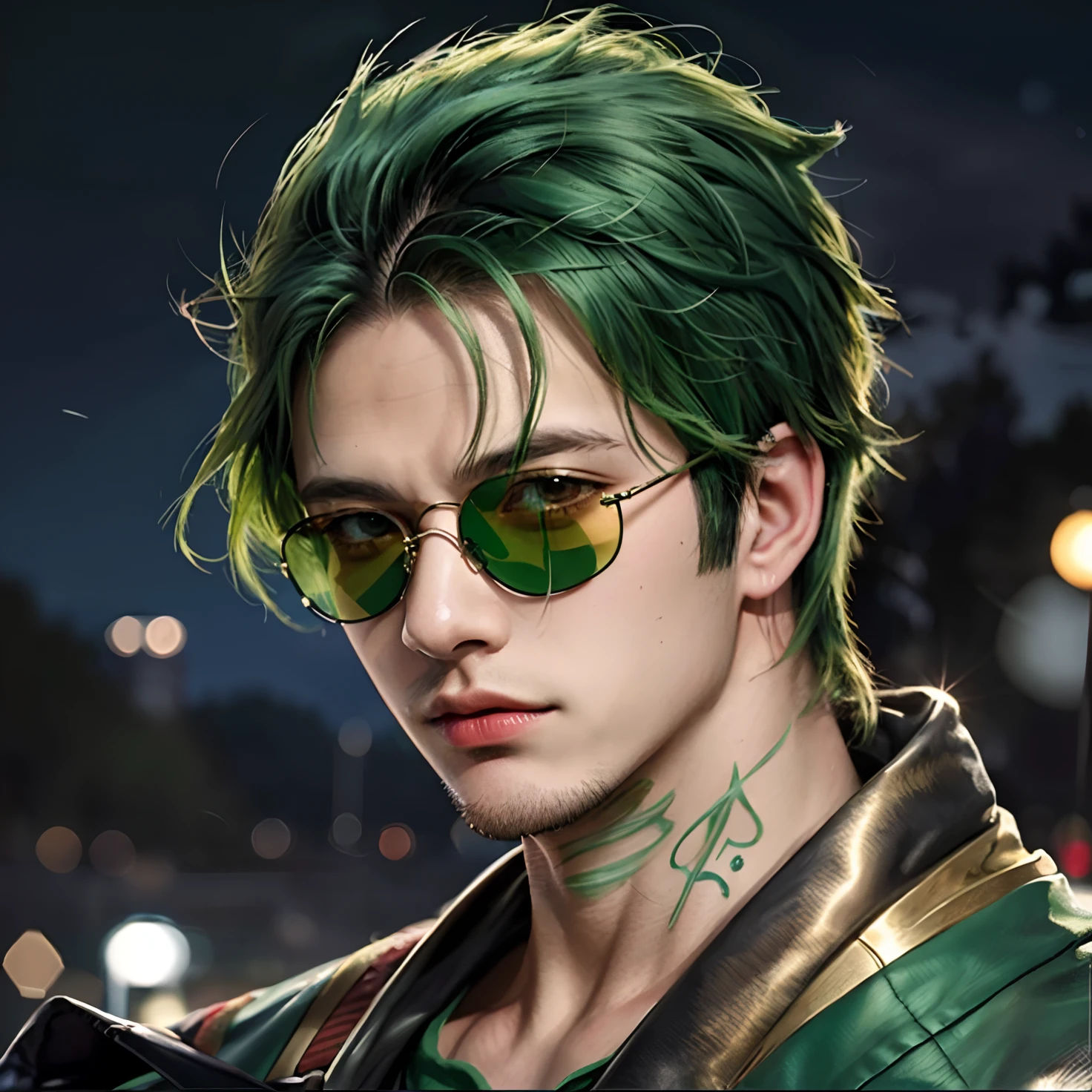 a close up of a person with green hair and sunglasses, roronoa zoro, from one piece, realistic, ultra details Best quality, masterpiece, ultra high res, (photorealistic:1.4), raw photo, young handsome male, (night background:1.2)