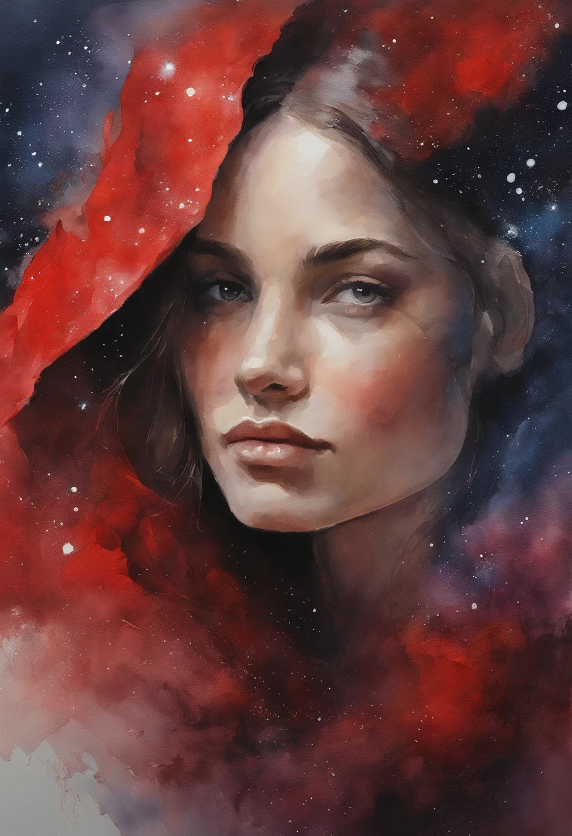 Impasto Oil Painting of a Woman, Teenage female、profile , stares at the camera,doa、fold hand with、  The background is outer space,Red Galaxy、 hyper - realistic oil painting. masterpiece artwork、wish、Reverent look、infp young woman、Dark hair.