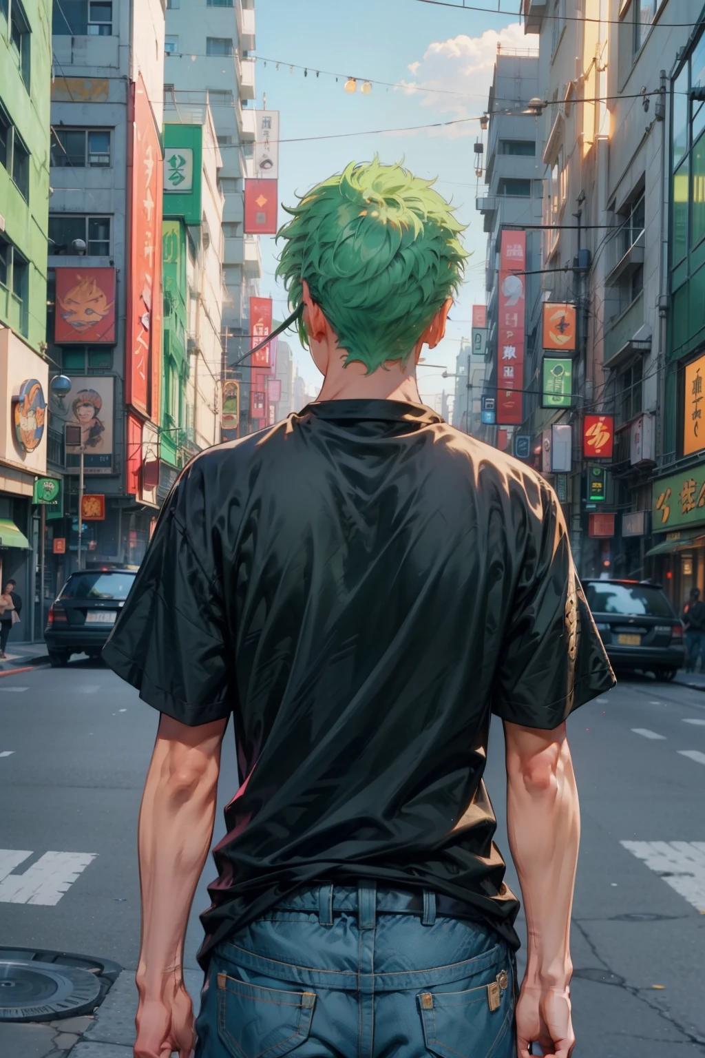 1man, minimalism, zoro roronoa, green hair, Eiichirō Oda, simple, wearing tshirt and jeans, black tshirt, city from background, (from behind, showing his back)