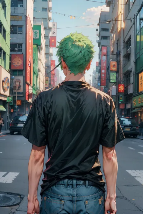 1man, minimalism, zoro roronoa, green hair, Eiichirō Oda, simple, wearing tshirt and jeans, black tshirt, city from background, ...