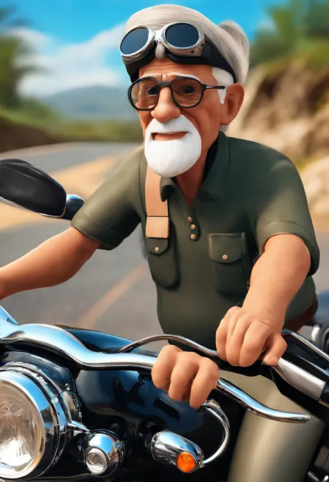 a 3D Disney Pixar poster of an elderly man with glasses, careca, pilotando uma Harley Davidson ultra glide em uma viagem de moto. (altamente detalhado:1.2), Realistic depiction of a senior man with glasses, entusiasta do motociclismo, with great attention ...
