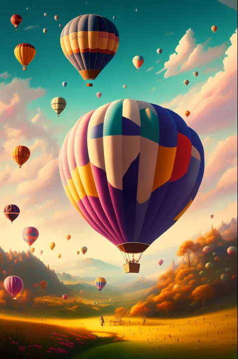 There is a huge hot air balloon flying over the field, whimsical fantasy landscape art, hot air balloon, dreamy scenes, (fantasy), pastel style painting, balloon, painting of a dreamscape, artwork of a, amazing background, A beautiful artwork illustration,...