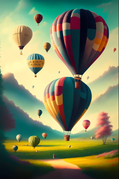 There is a huge hot air balloon flying over the field, whimsical fantasy landscape art, hot air balloon, dreamy scenes, (fantasy), pastel style painting, balloon, painting of a dreamscape, artwork of a, amazing background, A beautiful artwork illustration,...