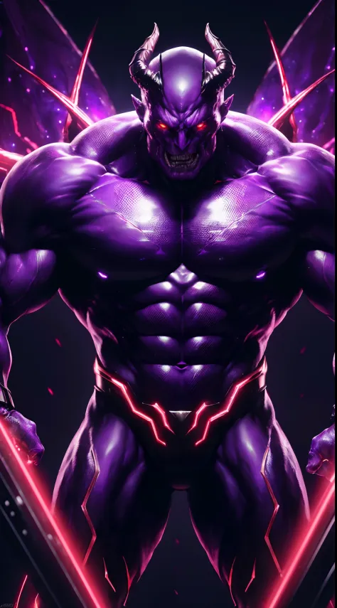 ((masterpiece)), ((8k resolution)), ((a demonic super villian)), huge, metallic, red eyes, in purple planet, muscular, strong, (((4k))), ((((highly detailed)))), strong, aura, glow, neon