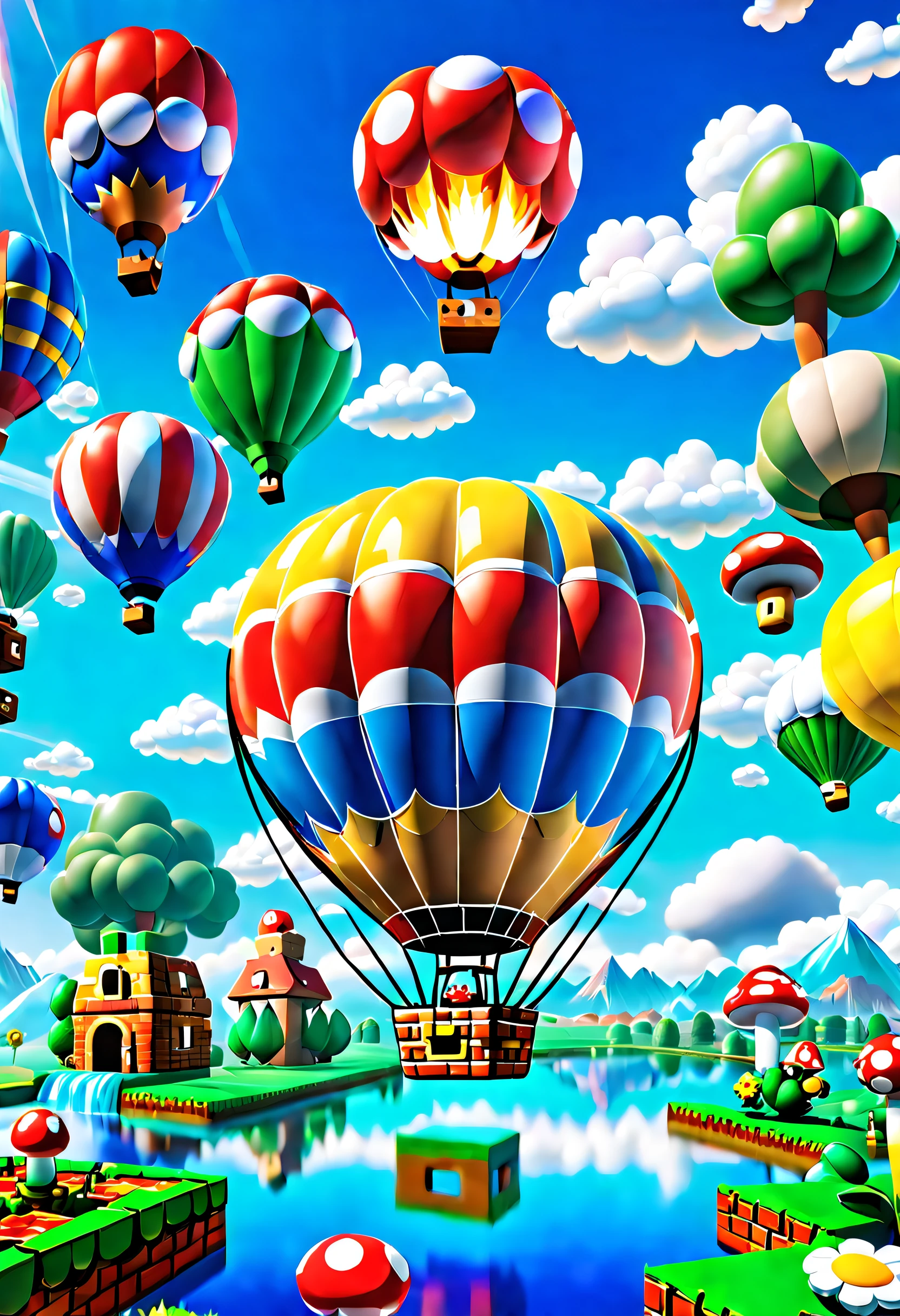 豐富多彩的 (熱氣球:1.1) 在絢麗多彩的天空中，A giant 熱氣球 floats slowly。This 熱氣球 look is completely inspired by the world of the Super Mario game，與馬裡奧一起裝飾、路易吉、蘑菇和金幣等標誌性圖案。The 熱氣球 itself takes on a vivid red and blue hue，呈現生動的視覺效果。它的底座裝飾有經典馬裡奧背景的元素，例如草、雲和水管。The basket of the 熱氣球 is made up of blocks from the Mario series，每個方塊顯示不同的圖案和顏色，營造像素化的感覺, 荒謬的, 超詳細, 高解析度, 數位藝術, 向量插圖, 计算机生成的图像, 抛光图形, 多才多藝的技術, 尖端设计