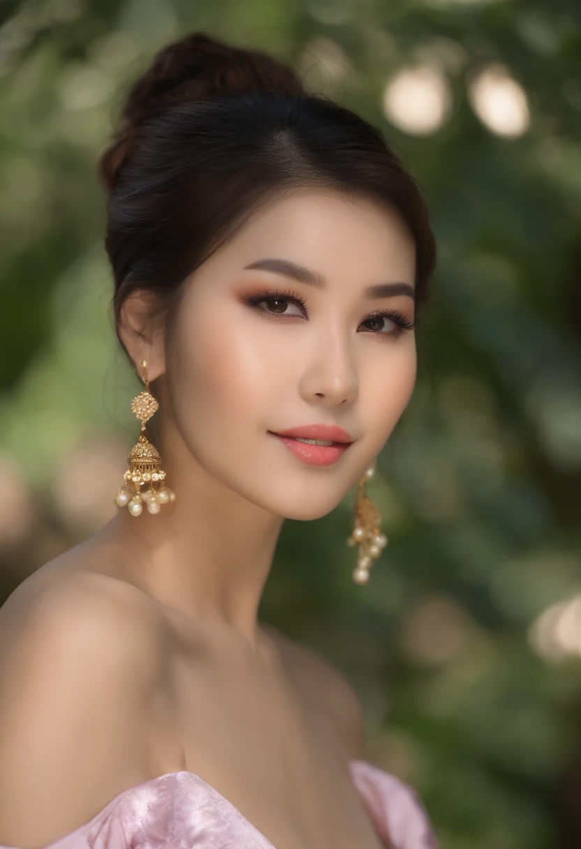 A close up of a woman wearing a pink dress and earrings - SeaArt AI