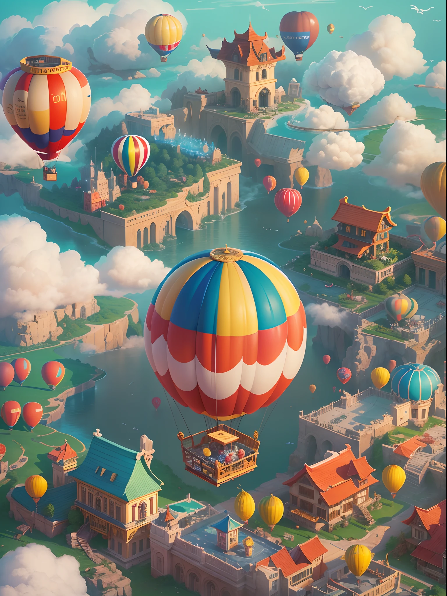 In a brilliant and colorful sky，A giant hot air balloon floats slowly。This hot air balloon look is completely inspired by the world of the Super Mario game，Decorate with Mario、Luigi、Iconic motifs such as mushrooms and gold coins。The hot air balloon itself takes on a vivid red and blue hue，Present vivid visuals。Its base is decorated with elements of a classic Mario background，Such as grass、clouds and water pipes。The basket of the hot air balloon is made up of blocks from the Mario series，Each square displays a different pattern and color，Create a pixelated feel。In the cabin of a hot air balloon，There is a transparent dome，Passengers can enjoy stunning 360-degree views。There is also a small roof at the top of the dome，The shape resembles a mushroom，It's like jumping out of the game world。The roof is inlaid with lamps in the shape of gold coins，At night，Shimmering with a warm and soft glow。The hot air balloon rises slowly，Wander in the vast blue sky and white clouds。The sun shines on the clouds，A breeze blows the hot air balloon，It gives a feeling of lightness。Cute birds fly in the surrounding sky，It also seemed to be mesmerized by this wonderful sight。 in distance，You can see a splendid and colorful city，The architecture of the city is decorated with motifs from the Super Mario collection，Add fairytale magic to the whole scene。Pedestrians hurried through city streets，Vehicles weave through it，Soft clouds and brightly colored RGB color palettes, (Ghibli-like colors, Cinematic lighting, first person perspective, angle of view, in a panoramic view, Ultra-wide angle, hyper HD, Anatomically correct, Masterpiece, ccurate, Award-Awarded, Best quality)