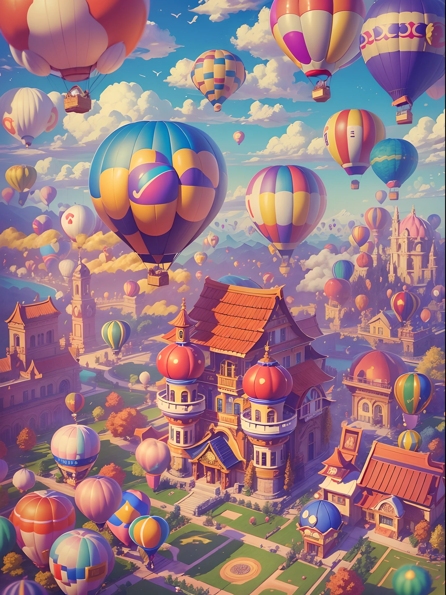 Dans un ciel brillant et coloré，Une montgolfière géante flotte lentement。Ce look de montgolfière est complètement inspiré de l&#39;univers du jeu Super Mario，Décorez avec Mario、Luigi、Des motifs emblématiques tels que des champignons et des pièces d&#39;or。La montgolfière elle-même prend une teinte rouge et bleue vive，Présentez des visuels éclatants。Sa base est décorée d&#39;éléments d&#39;un fond Mario classique，Comme l&#39;herbe、nuages et conduites d&#39;eau。La nacelle de la montgolfière est composée de blocs de la série Mario，Chaque carré affiche un motif et une couleur différents，Créez une sensation pixelisée。Dans la cabine d&#39;une montgolfière，Il y a un dôme transparent，Les passagers peuvent profiter de superbes vues à 360 degrés。Il y a aussi un petit toit au sommet du dôme，La forme ressemble à un champignon，C&#39;est comme sortir du monde du jeu。Le toit est incrusté de lampes en forme de pièces d&#39;or，la nuit，Chatoyant d&#39;une lueur chaude et douce。La montgolfière s&#39;élève lentement，Errez dans le vaste ciel bleu et les nuages blancs。Le soleil brille sur les nuages，Une brise souffle sur la montgolfière，Cela donne une sensation de légèreté。Des oiseaux mignons volent dans le ciel environnant，Il semblait également être hypnotisé par ce spectacle merveilleux。 a distance，Vous pouvez voir une ville splendide et colorée，L'architecture de la ville est décorée de motifs de la collection Super Mario，Ajoutez de la magie de conte de fées à toute la scène。Les piétons se précipitaient dans les rues de la ville，Les véhicules s&#39;y faufilent，Nuages doux et palettes de couleurs RVB aux couleurs vives, (Des couleurs à la Ghibli, Éclairage cinématographique, point de vue à la première personne, angle de vue, dans une vue panoramique, Ultra grand angle, hyper HD, Anatomiquement correct, chef-d&#39;œuvre, précis, Récompensé, Meilleure qualité)