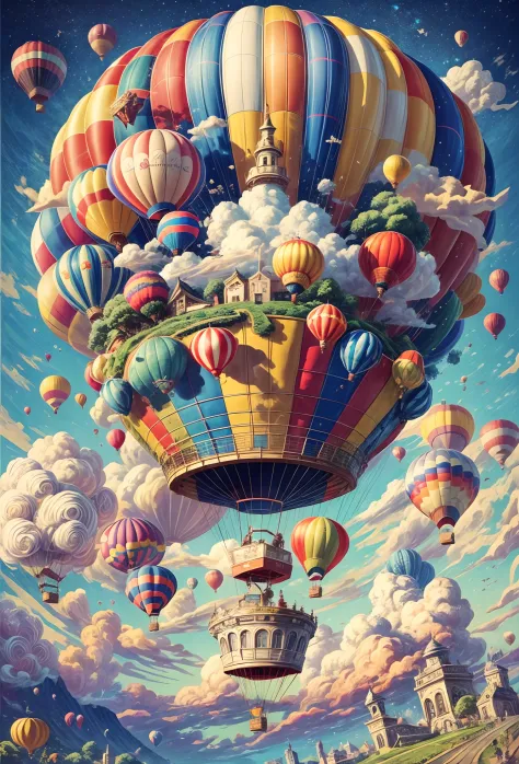 In a brilliant and colorful sky，A giant hot air balloon floats slowly。This hot air balloon look is completely inspired by the wo...