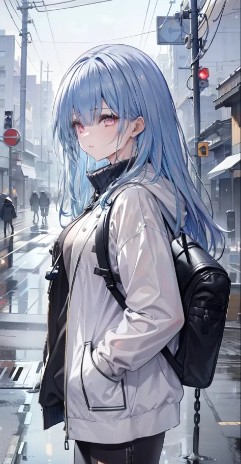 1girl, jacket, rain, outdoors, sweatshirt, open jacket, chain, backpack, looking at each other, messy hair, artstation trend, 8k resolution, highly detailed, anatomically correct, sharp image, digital painting, concept art, trend pixiv, styled by Makoto Sh...