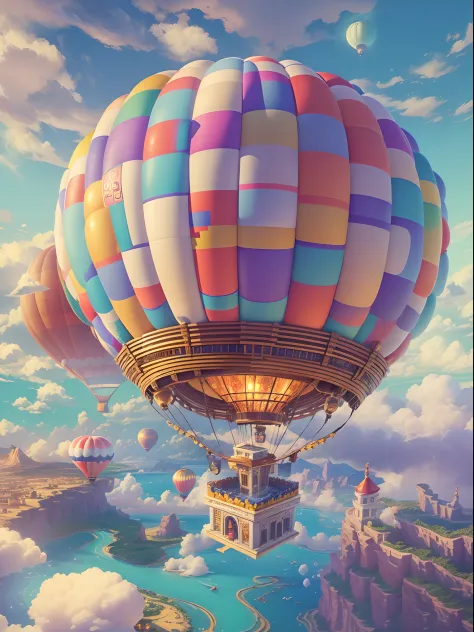 in a brilliant and colorful sky，a giant hot air balloon floats slowly。this hot air balloon look is completely inspired by the wo...