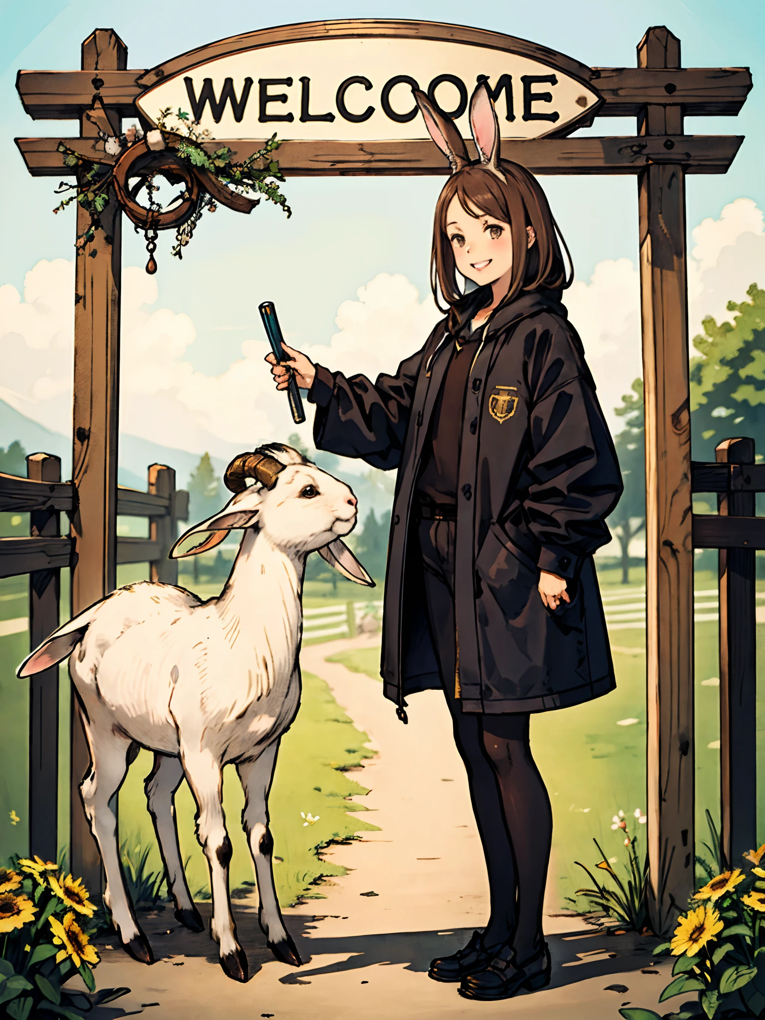 Ein brünettes Mädchen mit einem grauen Kaninchen und einer braunen nubischen Ziege, steht neben einem Schild mit der Aufschrift „Willkommen auf der Hobbyfarm“ – fröhliche Illustration