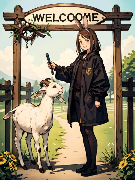 A brunette haired girl with a gray rabbit and brown Nubian goat, standing beside a sign that says “Welcome to the hobby farm” ch...